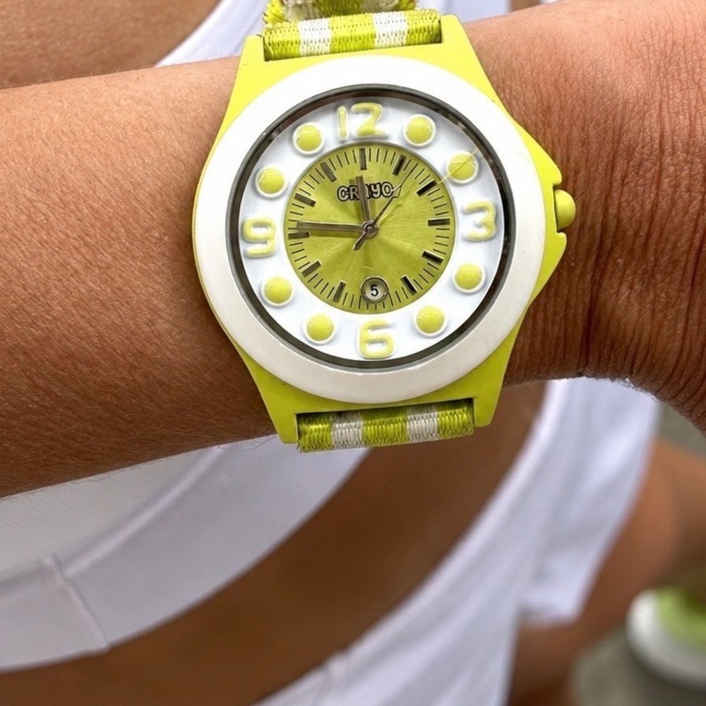 Crayo Carnival Watch Green White Striped Nylon Band Date Quartz Working *SEE